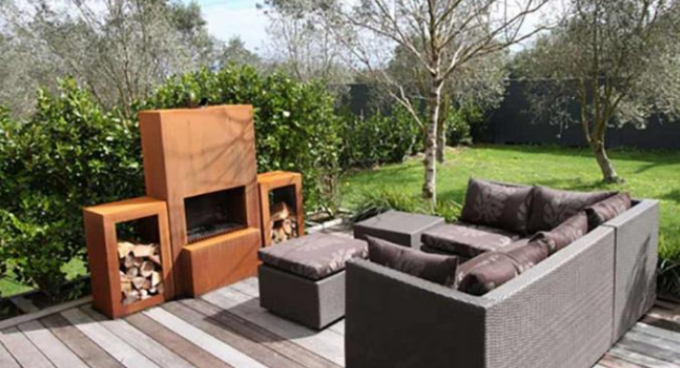 Υπαίθριος??????????? ξύλινος καίγοντας χάλυβας Firepit Corten συνήθειας με την ξύλινη αποθήκευση